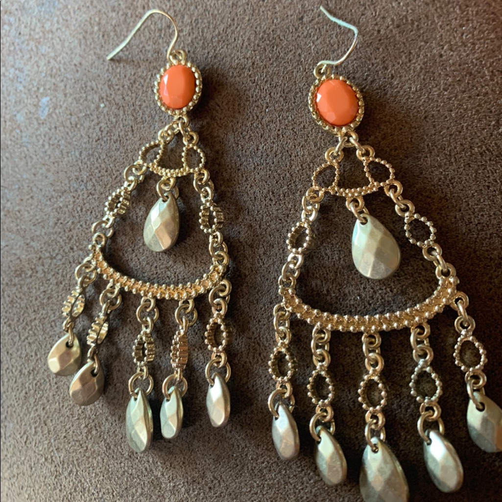 Cache Gold Toned Dangle Earrings With Coral Colored Stone 10$